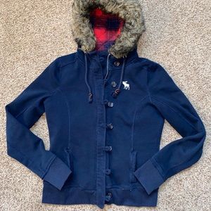 Abercrombie & Fitch blue sweatshirt jacket with plaid flannel and faux fur hood